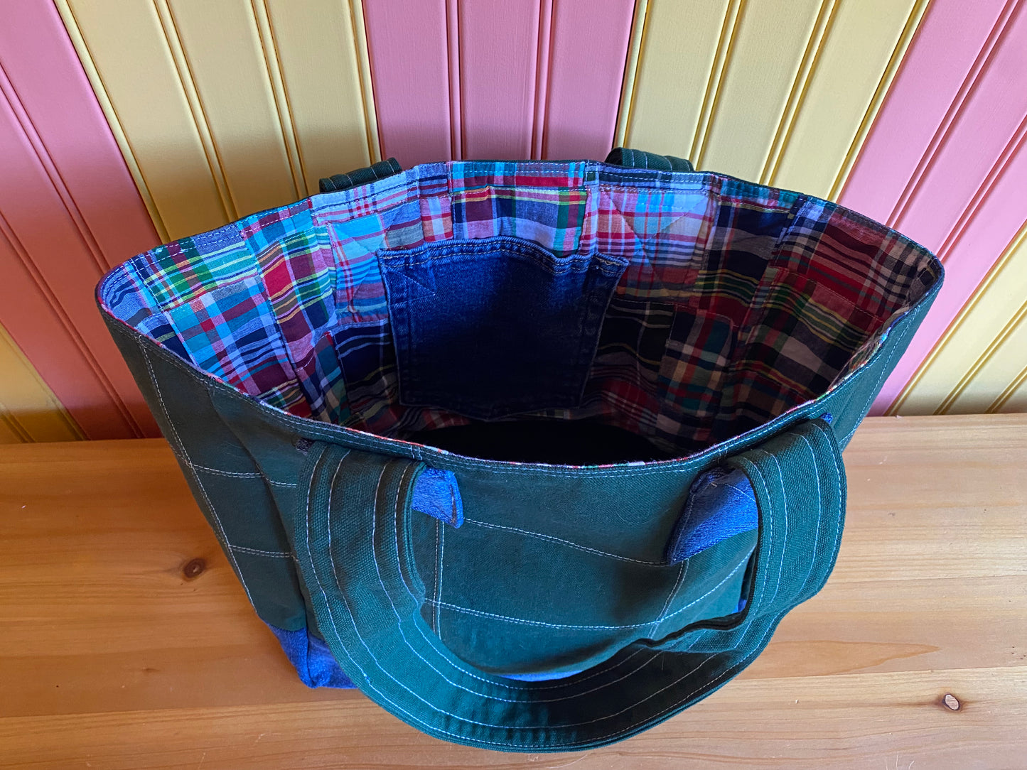 Blue Denim Hunter Green Tote