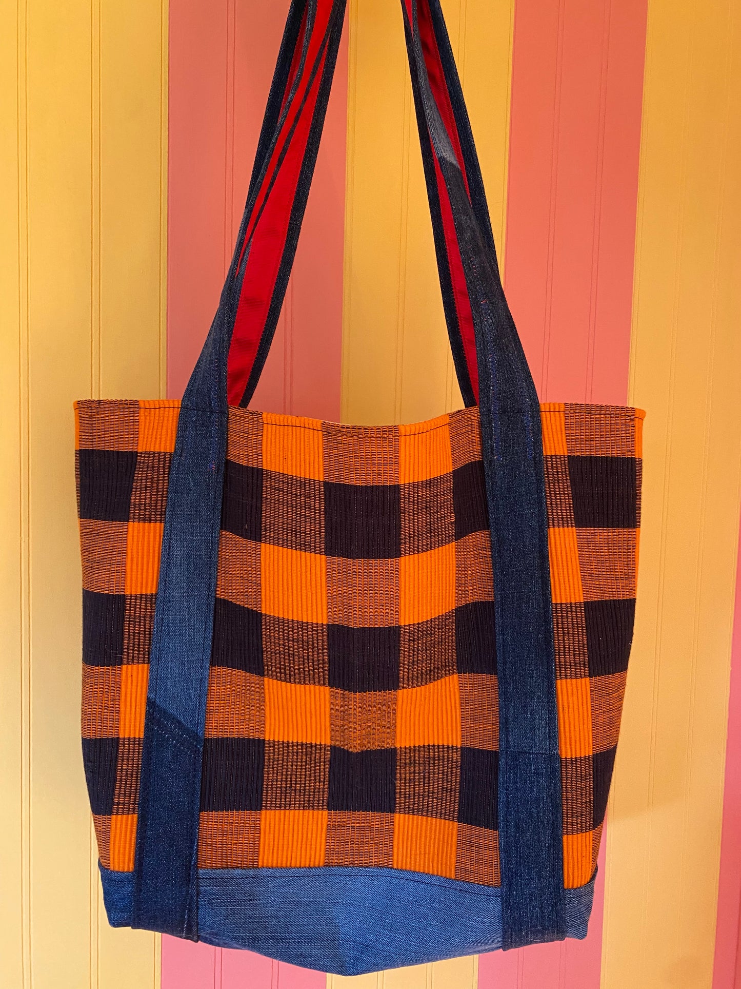 Orange and black checkered tote