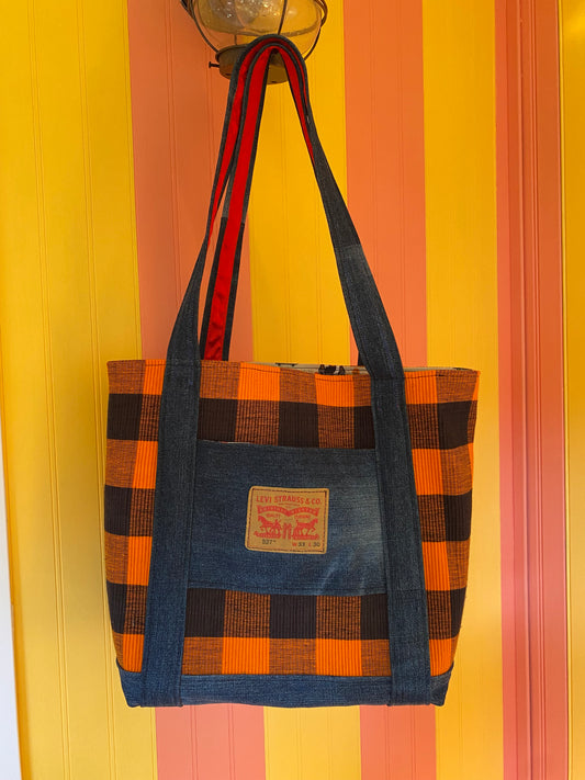 Orange and black checkered tote
