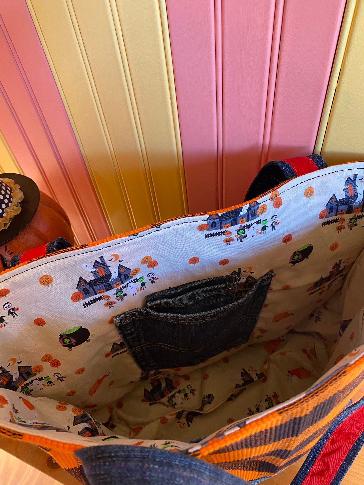 Orange and black checkered tote